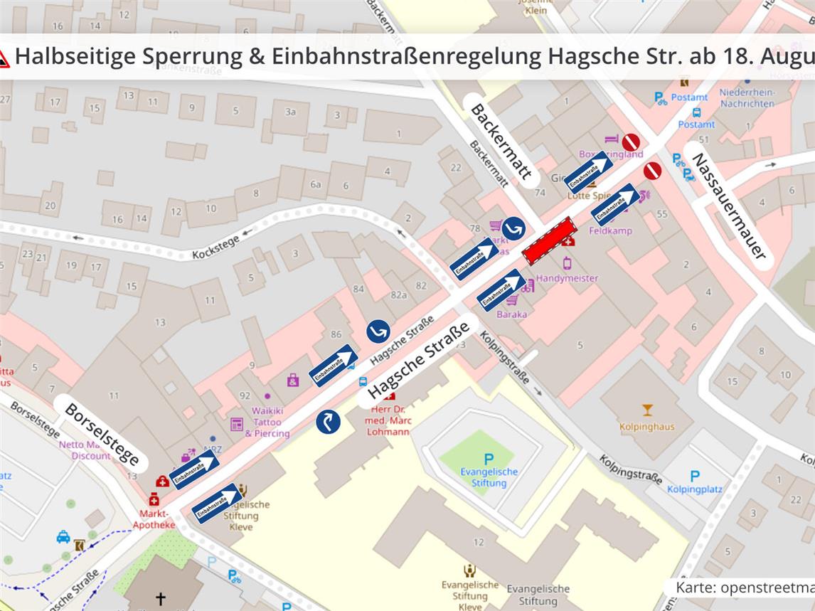 Übersicht der Einbahnstraßenregelgung auf der Hagschen Straße. Grafik: Stadt Kleve