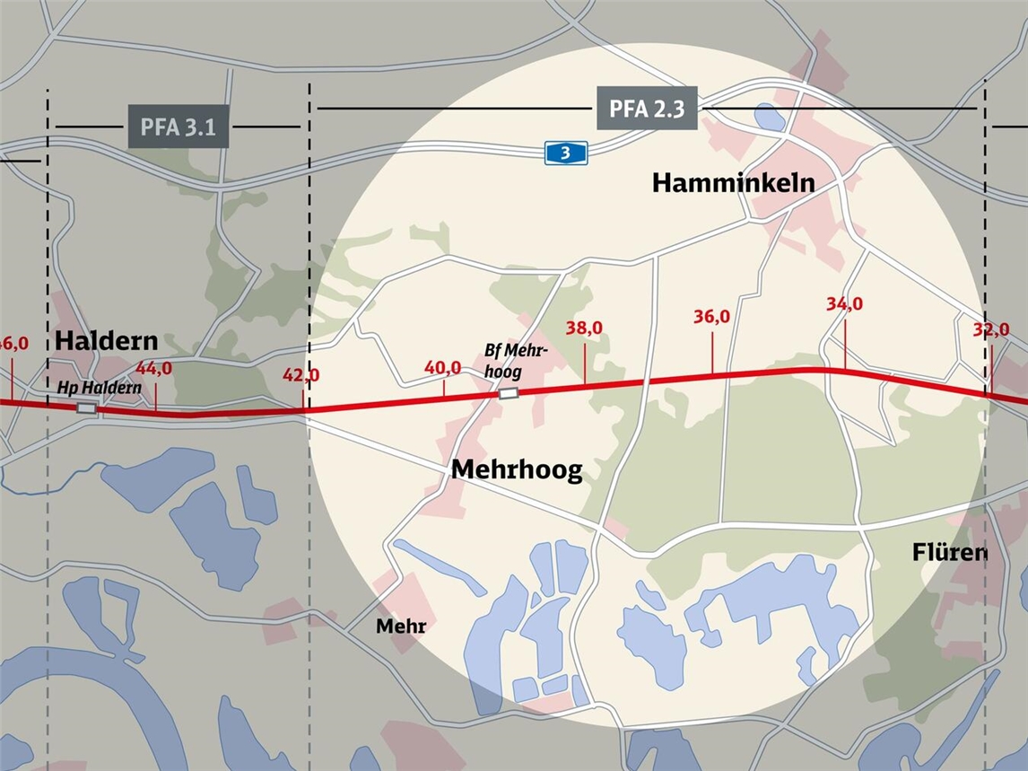 "Planfeststellungsabschnitt 2.3 Mehrhoog bis Reeser Grenze, Grafik von DB InfraGO"