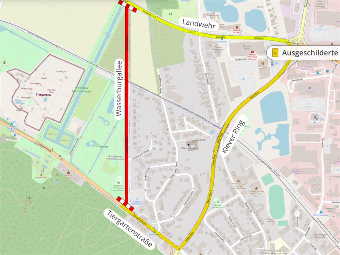 Um die Auswirkungen auf den Straßenverkehr so gering wie möglich zu halten, wird die Sperrung nur während der tatsächlichen Arbeitszeit von 7 bis 17 Uhr eingerichtet. Grafik: Stadt Kleve/openstreetmap