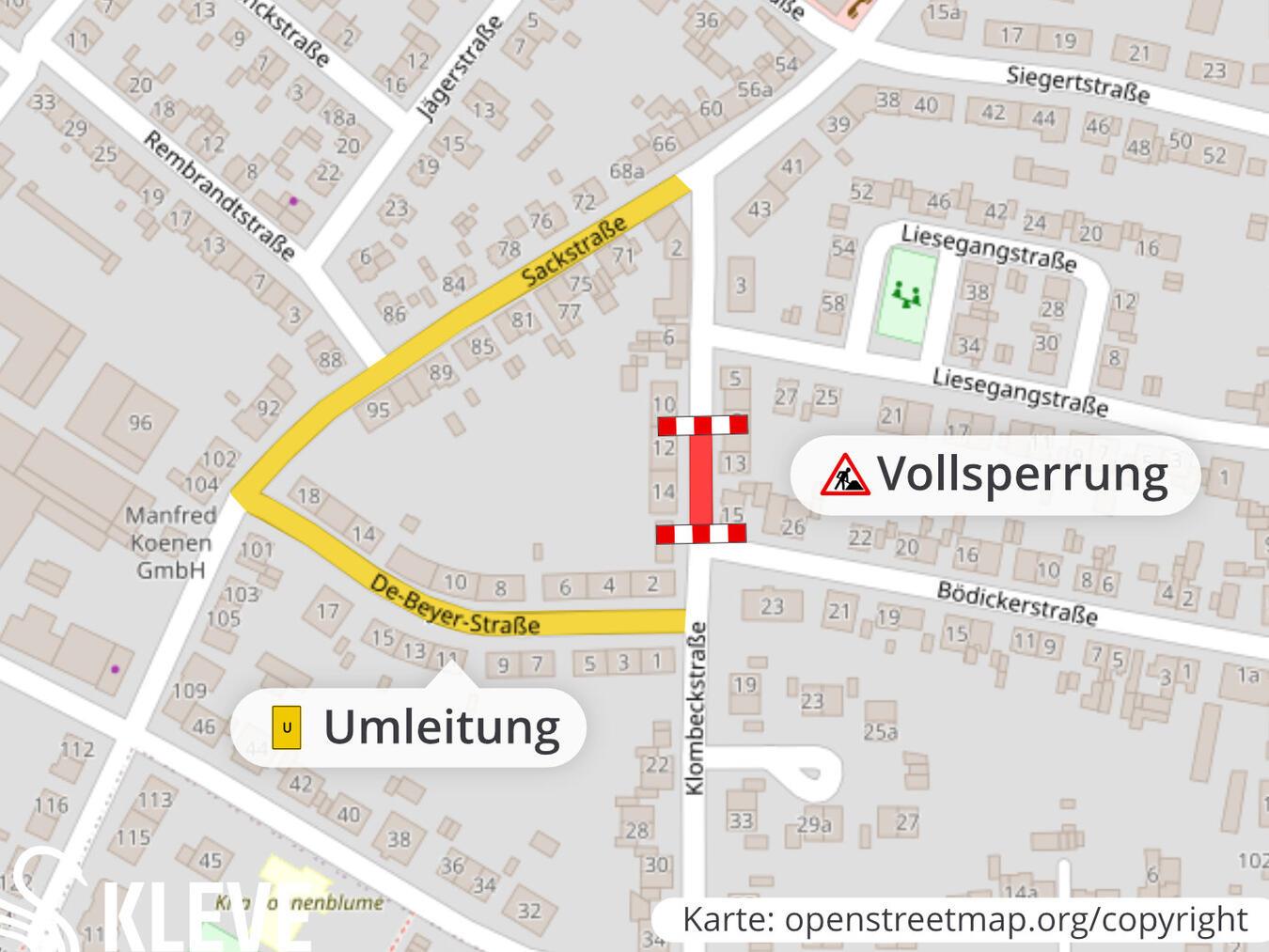 Umleitungen werden für die Dauer der Bauarbeiten über die Sackstraße und die De-Beyer-Straße ausgeschildert. Grafik: Stadt Kleve