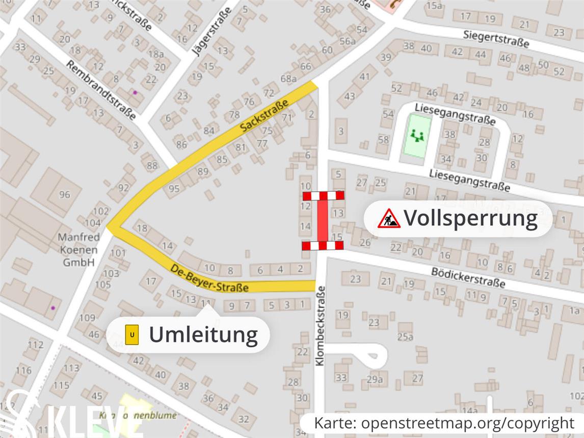 Umleitungen werden für die Dauer der Bauarbeiten über die Sackstraße und die De-Beyer-Straße ausgeschildert. Grafik: Stadt Kleve