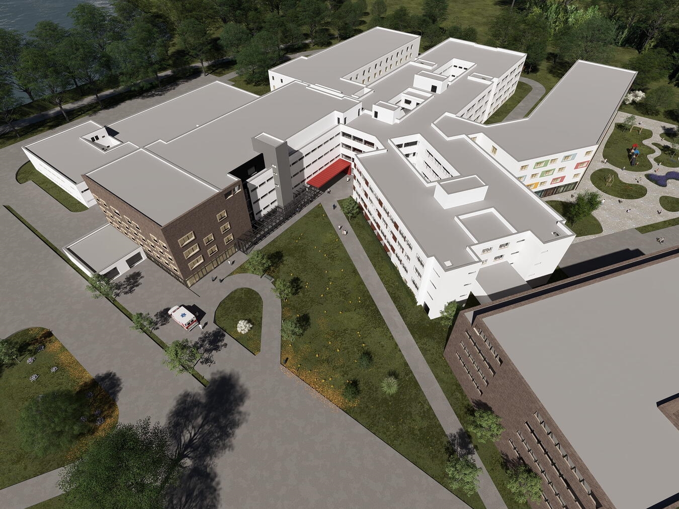Krankenhaustransformation im Kreis Kleve: KKLE und ctt bauen Standorte Kleve und Geldern aus "Visualisierung des Standortes Geldern von KFP Architekten, moderne Architektur, Essen/KKLE"