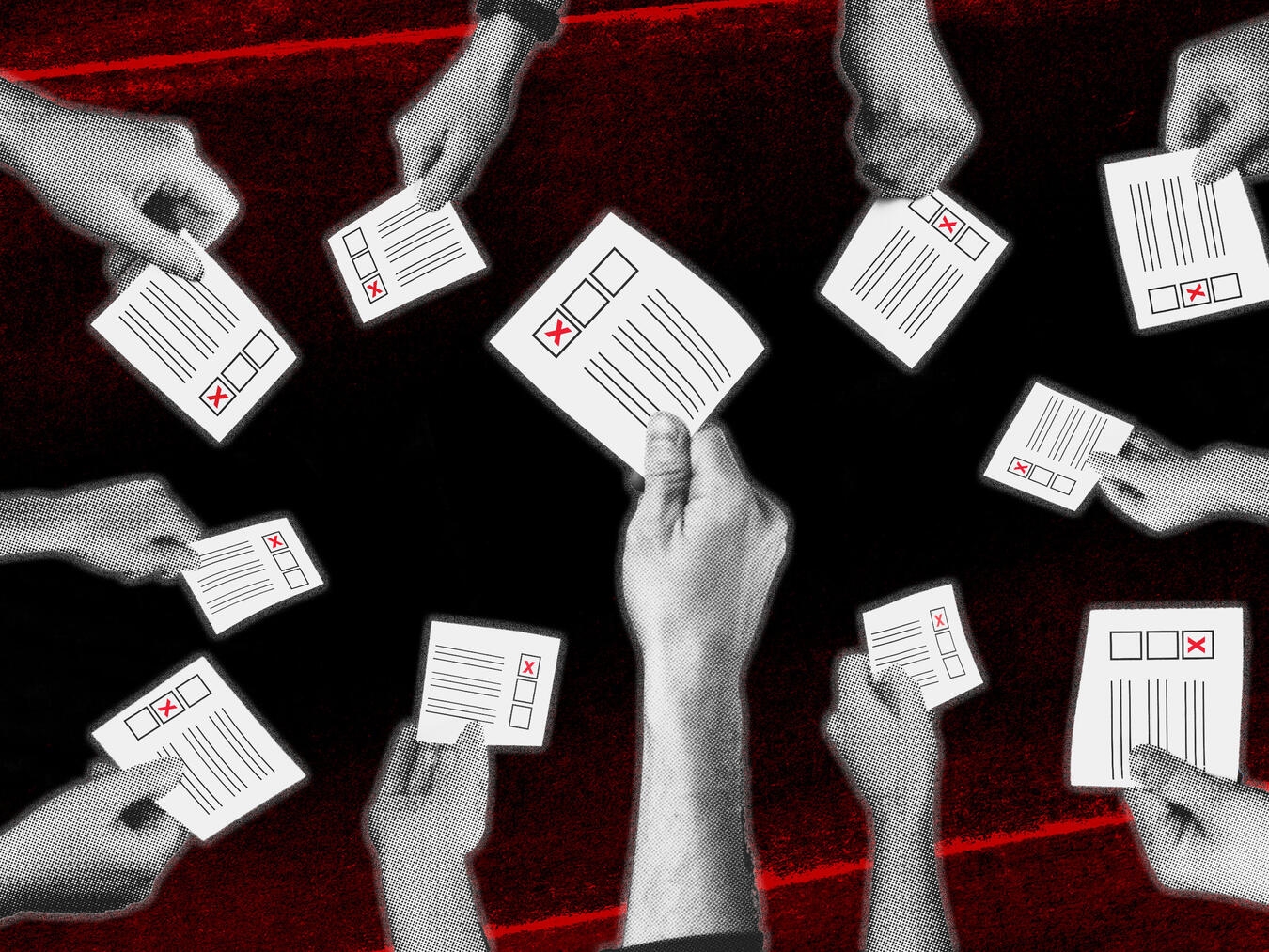 Fotomontage IG BAU: Arbeiter vor Werkstor bei Betriebsratswahl im Kreis Kleve, IG BAU Duisburg-Niederrhein ruft zur Teilnahme auf.