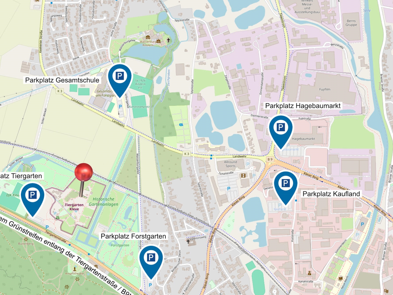 "Parkplatz-Alternativen Tiergarten Kleve, Openstreetmap-Grafik"