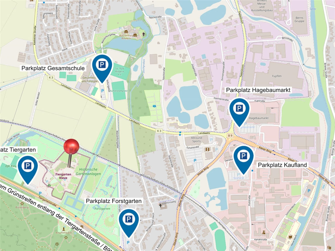 "Parkplatz-Alternativen Tiergarten Kleve, Openstreetmap-Grafik"