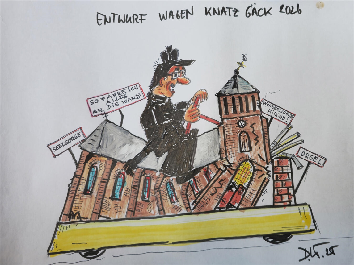 Willemsens Entwurf für den Kirchenwagen. „In echt werden die Leute den Wagen dann beim Frühschoppenzug zu sehen bekommen.“ NN-Foto: HF