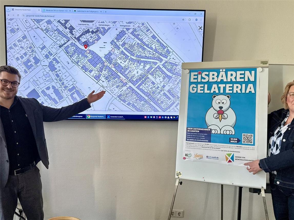 Wirtschaftsförderer Thilo Schwedmann und IGX-Vorsitzende Nicola Lümmen werden für die neue Kampagne gegen Leerstände. NN-Foto: SP