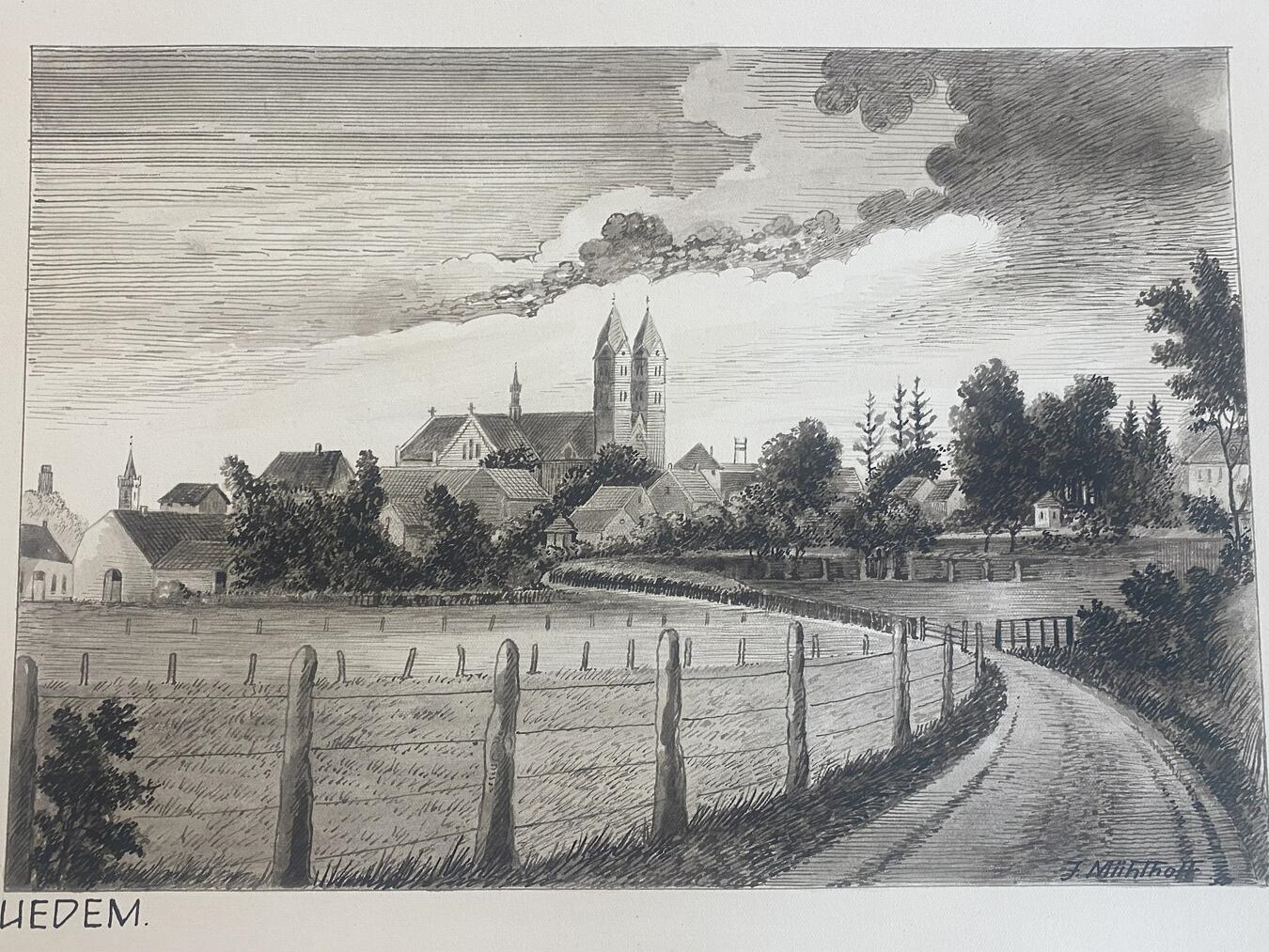 "Zeichnung von Johann Mühlhoff, Heeregrass auf Uedem, 1930, historische Kunst, Heimatverein"