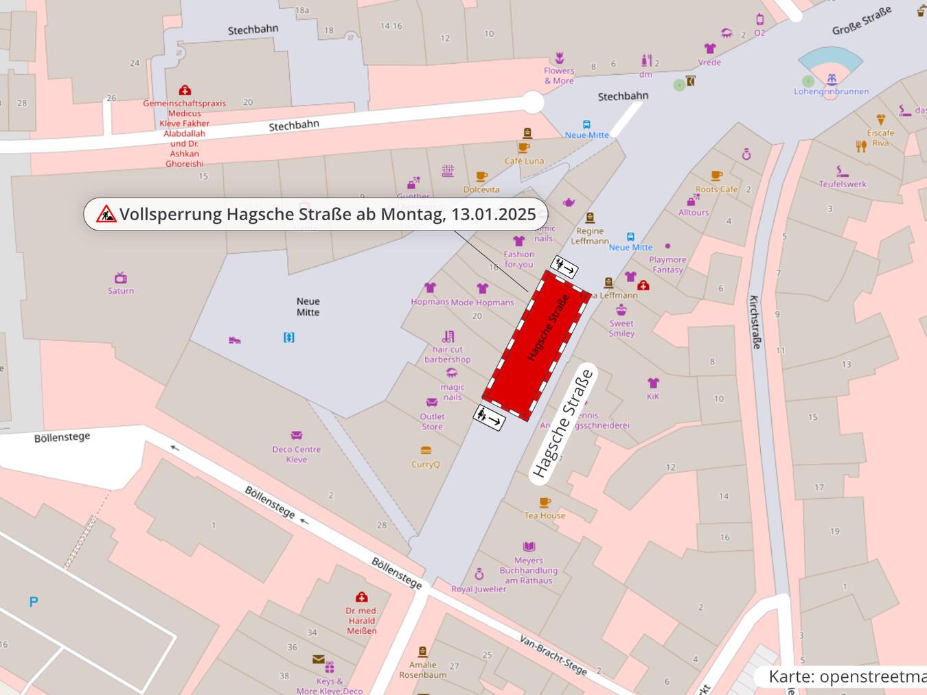 Kanalreparatur unter Vollsperrung ab Montag Zur Ausführung dringender Arbeiten muss ein Bereich der Hagsche Straße ab Montag voll gesperrt werden. Grafik: openstreetmap/Stadt Kleve