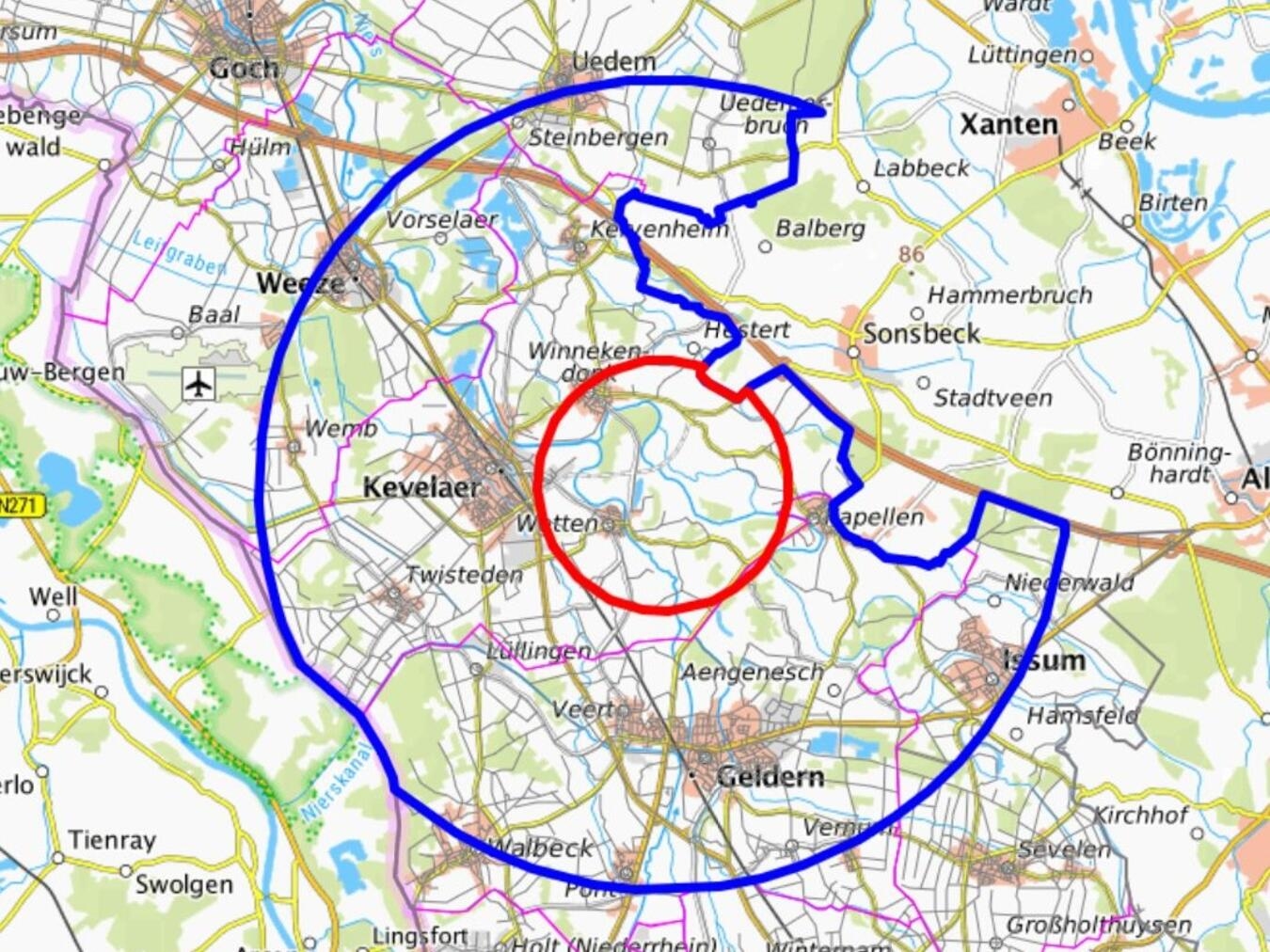 Zur Eindämmung der Übertragungsgefahr wurden um den betroffenen Betrieb in der Wallfahrtsstadt Kevelaer jeweils eine Schutz- und Überwachungszone errichtet. Grafik: Kreis Kleve