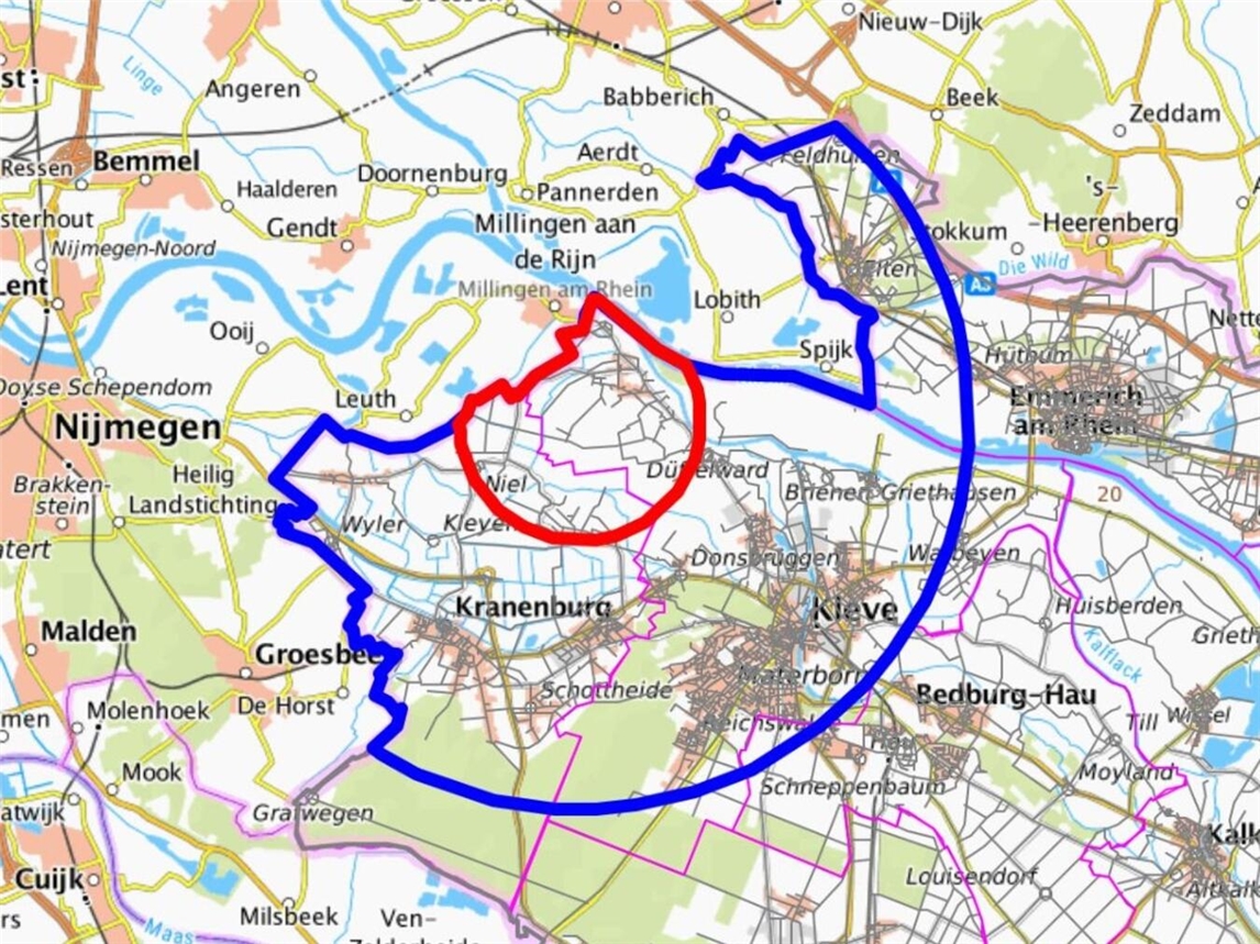 Zur Eindämmung der Übertragungsgefahr wurden um den betroffenen Betrieb in der Stadt Kleve eine Schutz- und eine Überwachungszone errichtet. Grafik: Kreis Kleve