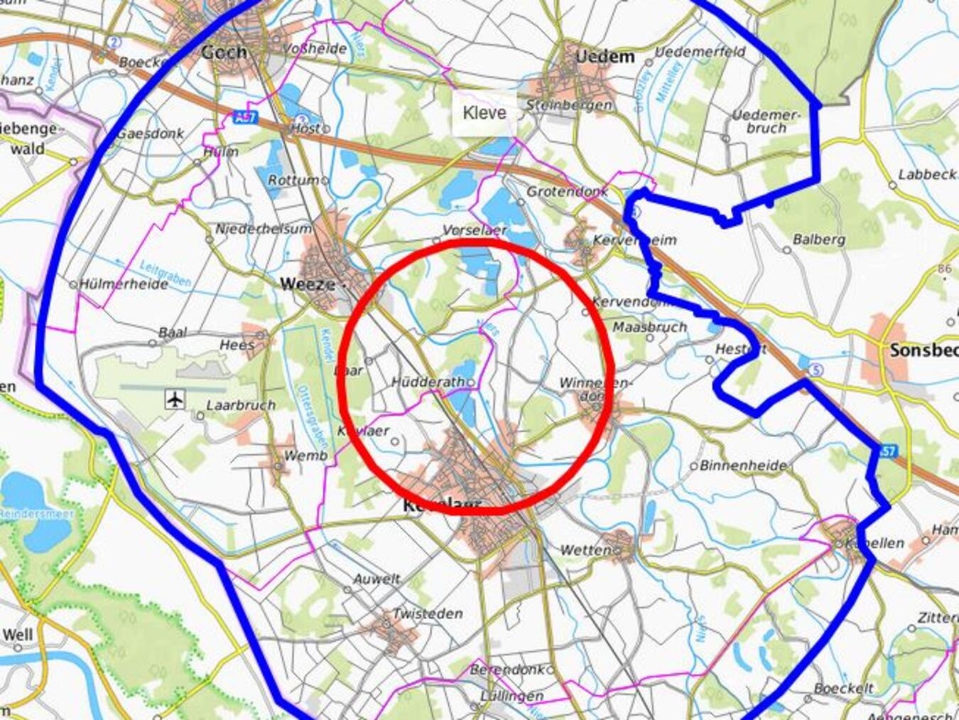 Zur Eindämmung der Übertragungsgefahr wurden um den betroffenen Betrieb in Weeze eine Schutz- und eine Überwachungszone errichtet. Foto: Kreis Kleve