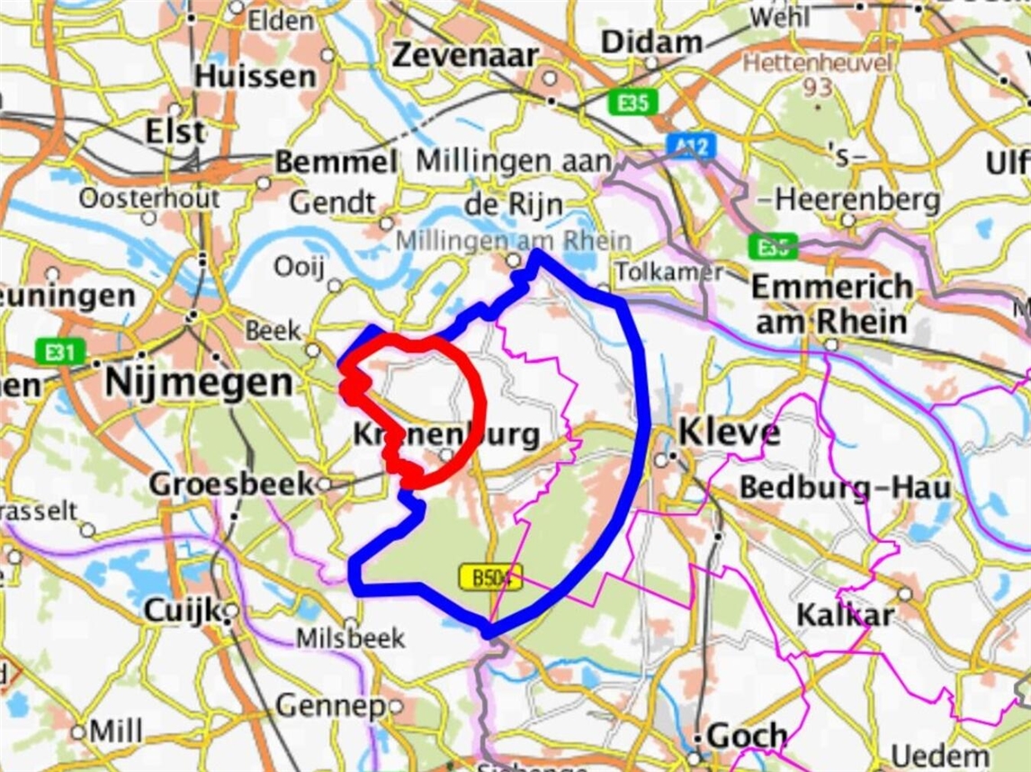 Zur Eindämmung der Übertragungsgefahr wurden um den betroffenen Betrieb eine Schutz- und eine Überwachungszone errichtet. Grafik: Kreis Kleve